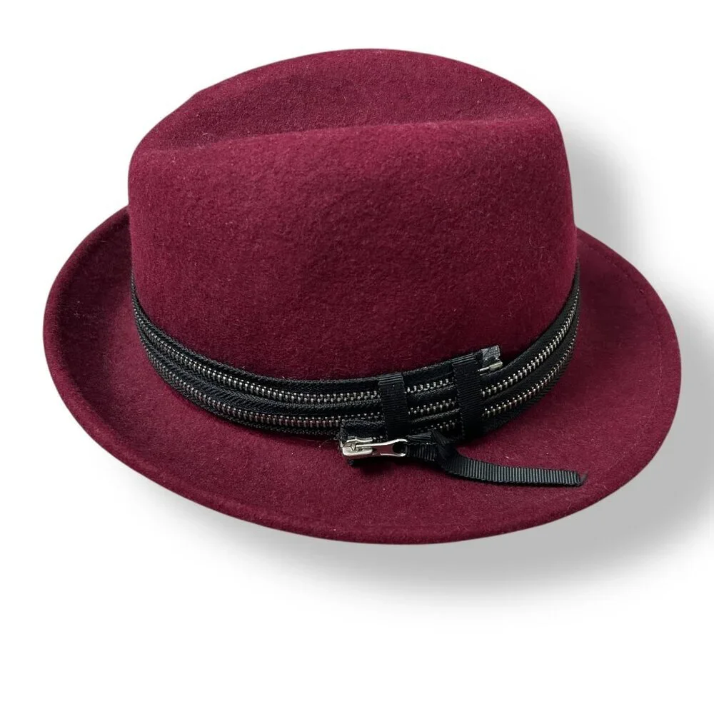 Hatch Womens Hat Burgundy Red Wool Felt with Wrapped Zipper Trim Adjustable OS